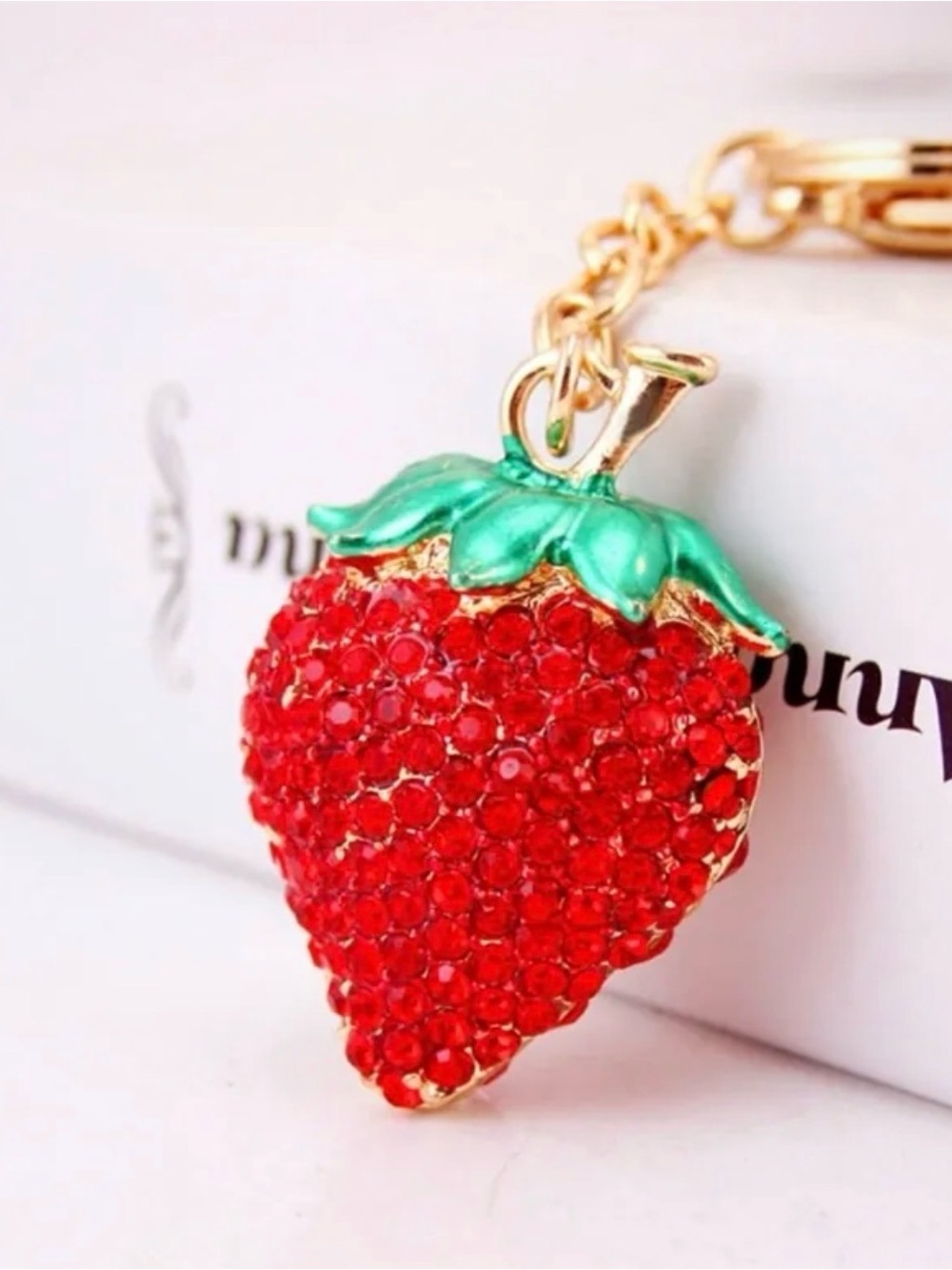 Gold-tone Strawberry Crystal Keychain - Red & Green Charm - Picture 4 of 4
